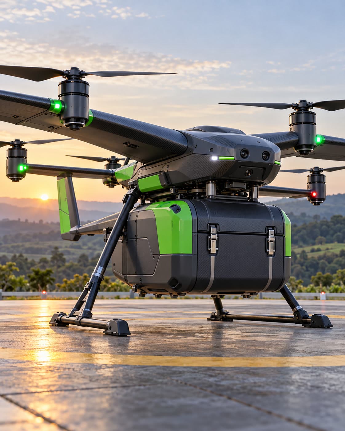 A green Suivi cargo delivery drone with its cargo case on a landing pad at sunset