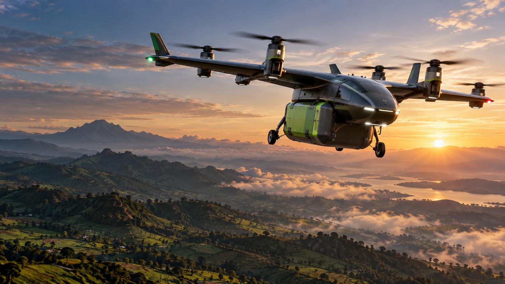 A green Suivi cargo delivery drone flying over the Kenyan highlands at sunset